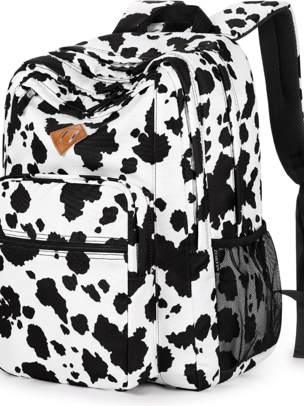 26L Backpack for College, and Travel: Water Resistant Bookbag - Cow Print Black